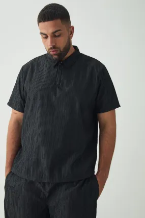 Plus Woven Rib Texture Zip Up Smart Polo Shirt