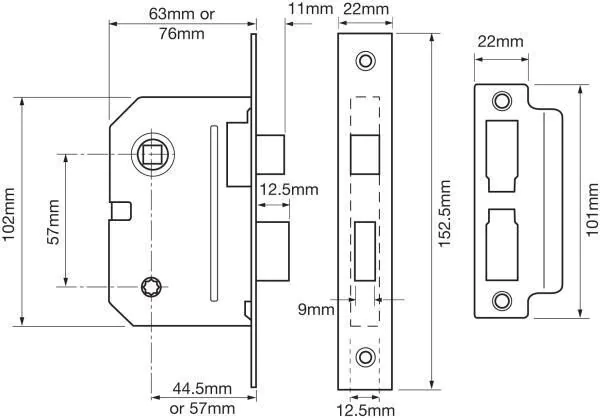 Union 2294 Mortice Bathroom Lock Polished Brass 63mm